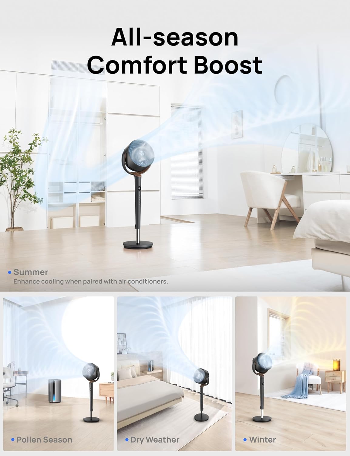Dreo Fan for Bedroom, 120° Oscillating Standing Fans, Quiet Floor Fan with DC Motor, 100ft Pedestal Fans for Room, 9 Speeds, 4 modes, 20dB, 120° Manual Vertical, 37-42