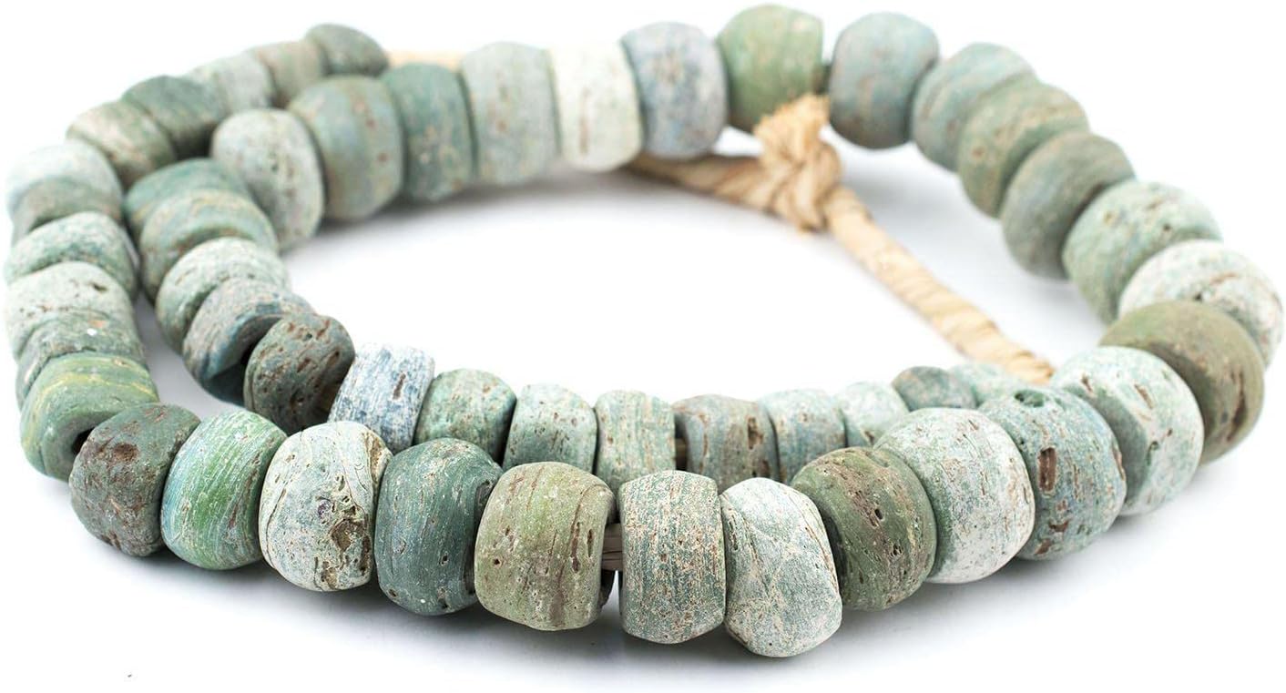The Bead Chest Antique Green Hebron Kano Beads Natural 18mm West Africa African Cylinder Glass Large Hole 27 Inch Strand Handmade