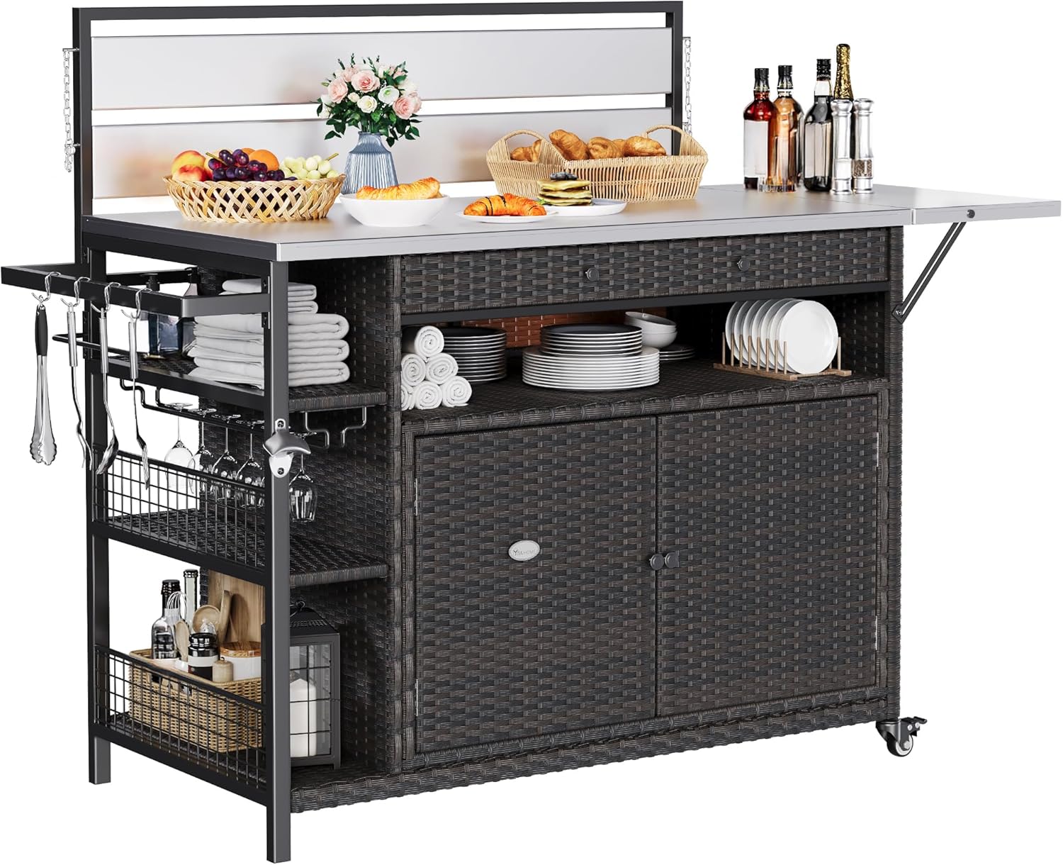 YITAHOME XL Outdoor Kitchen Wicker Island Rolling Cart & Storage Cabinet, Wheels and Stainless Steel Extended Table Top, Side Handle for Patio Kitchen or Bar Cart, Dark Brown