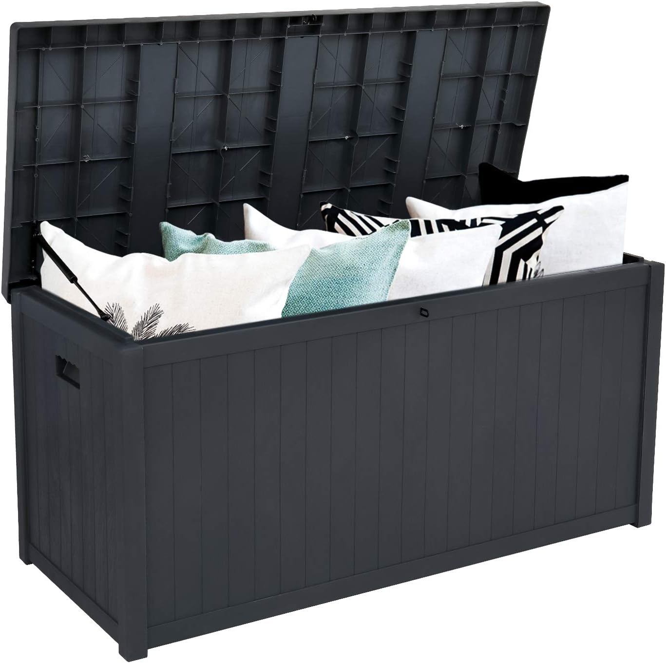 Henf 113 Gallon Outdoor Deck Box, Patio Resin Storage Container Box Bench for Patio Cushions/Garden Tools/Pool Toys, Water-resistant, Hydraulic Rod, Lockable, Wood-Look Design (Black)