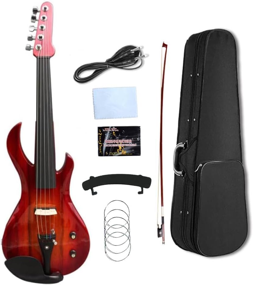 Full size Electric Violin 4/4, Electric violin kit for 5 String Solid wood body with Ebony fittings guitar-shaped Powerful Sound,case,bow