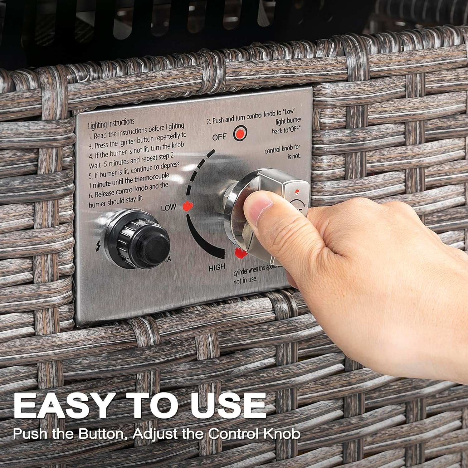 Nuu Garden Propane Fire Pit Table, CSA Certified 30 Inch 50,000 BTU Outdoor Propane Gas Cabinet Square Fire Pit Table, Iron Tabletop, Rattan and Iron Frame, with Lid and Fire Glass Beads, Black