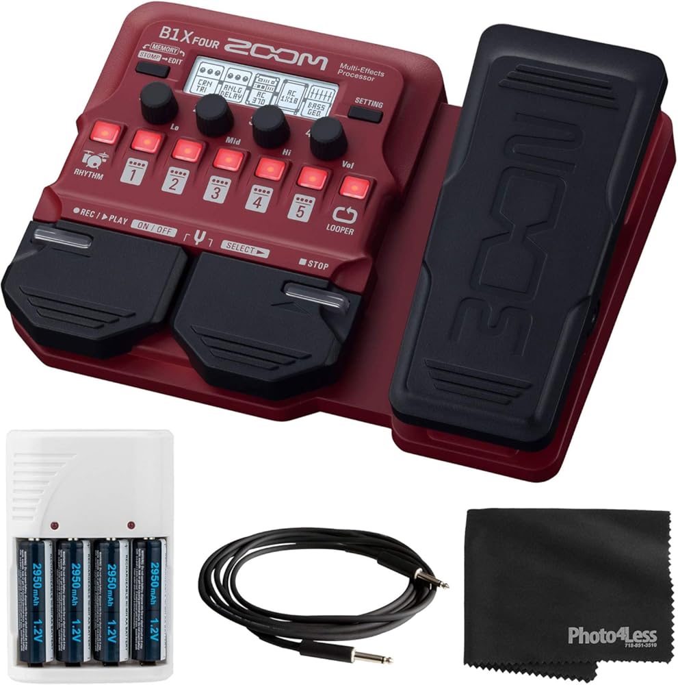 Zoom B1XFOUR Guitar MultiEffects Processor with Expression Pedal + 4 AA Batteries & Charger + Cable + Cloth - Top Value Bundle
