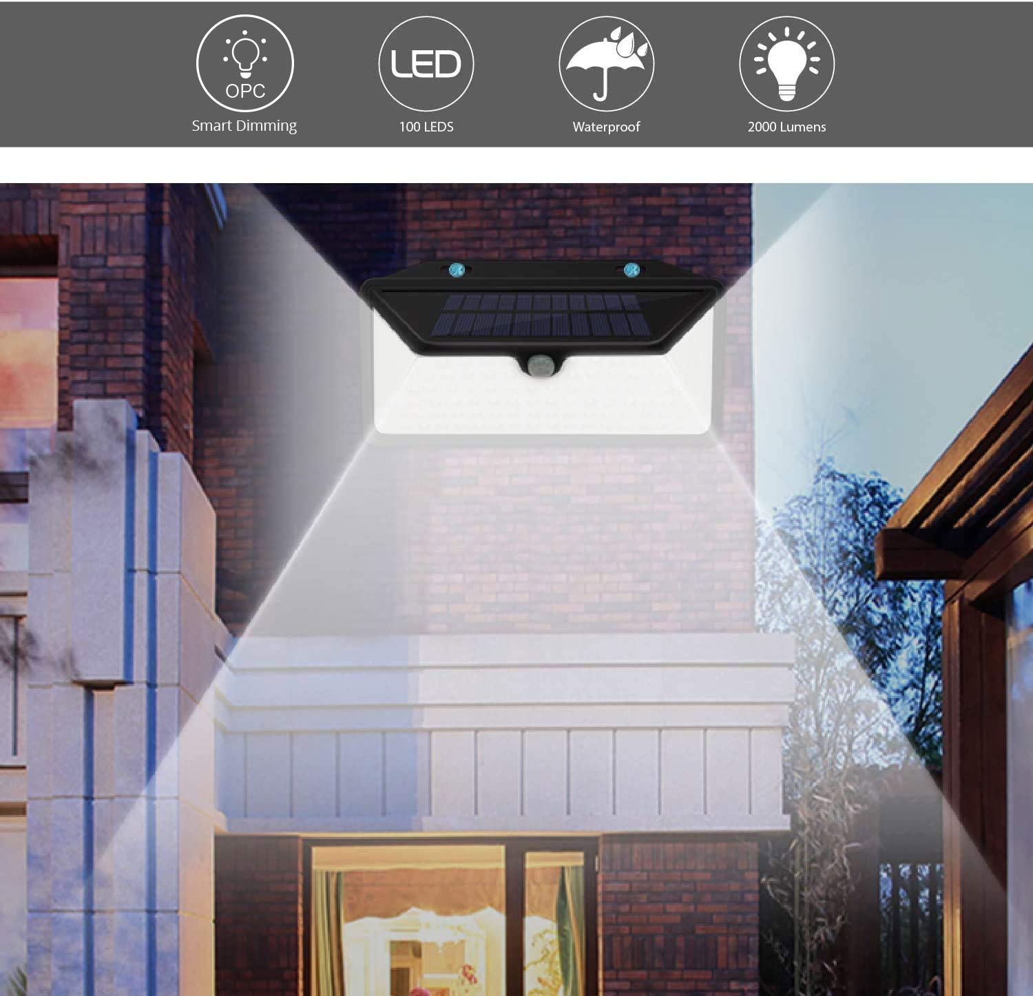 WBM Smart Solar Lights Outdoor 100 Led Wall Lights, IP65 Waterproof, Easy-to-Install Security Lights for Front Door, Yd, Garage, Deck, Pack of 8,Black,LE-11-4PK