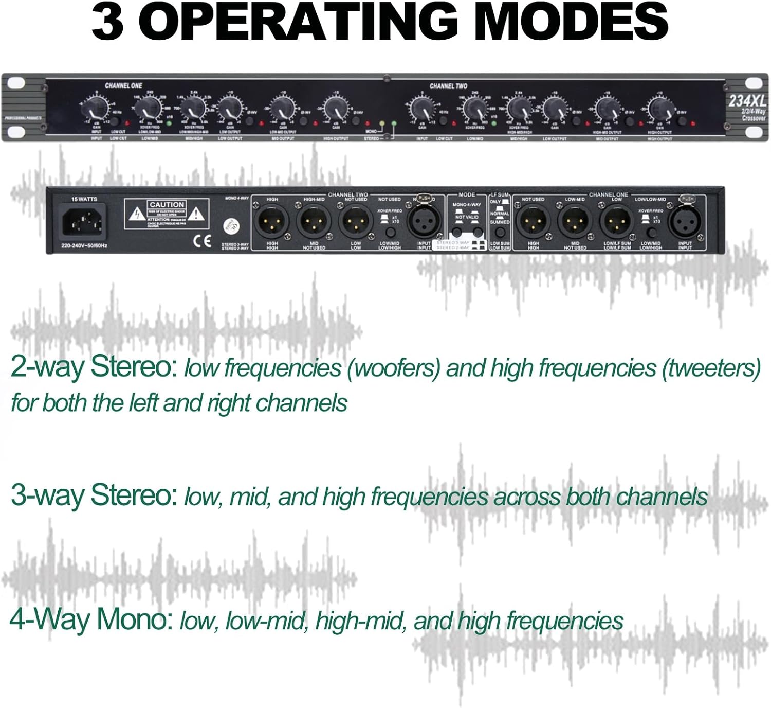 Professional Audio Crossover, 2-Way 3-Way Stereo 4 Way Mono Crossover Audio Sound Processing Crossover for PA System Stage Performance, XLR Input Output and Subwoofer (234XL)