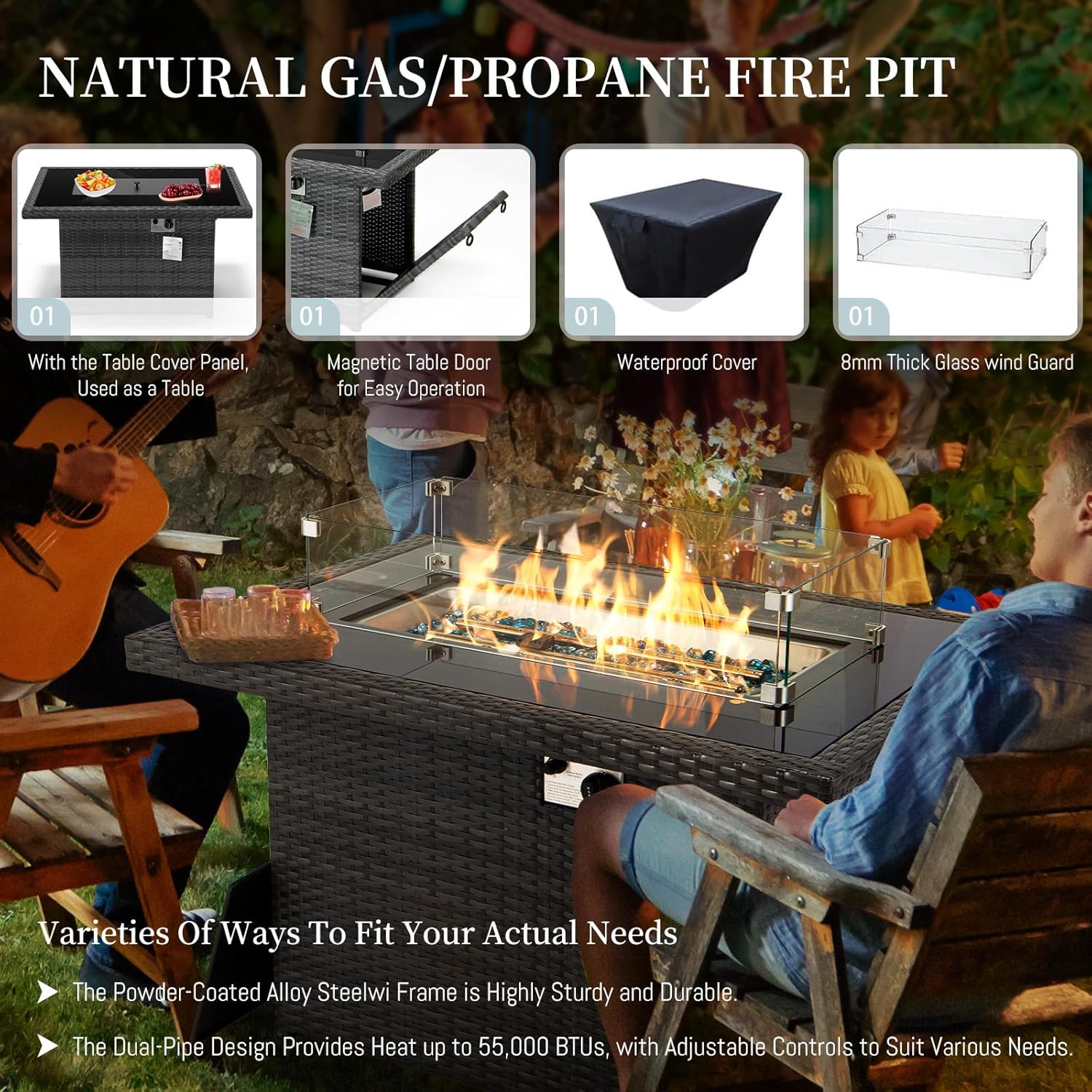 RADIATA 7 Piece Wicker Patio Furniture Set with Fire Pit, All-Weather Outdoor Sectional Couch High Back Large Size, Modular Backyard Seating Sofa Set with Propane/Natural Gas Firepit Table, Grey&Red