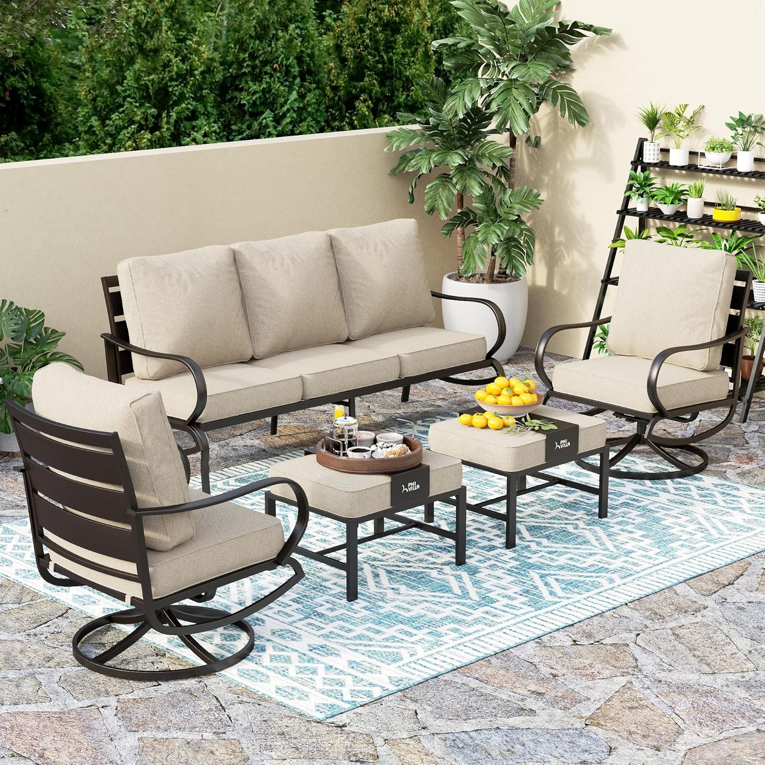PHI VILLA 5 PCS Patio Furniture Set, Metal Outdoor Furniture Set with 1 x 3 Seater Deep Seating Bench, 2 x Swivel Sofa Chairs & 2 x Metal Cushioned Ottoman, Outdoor Patio Set for Garden
