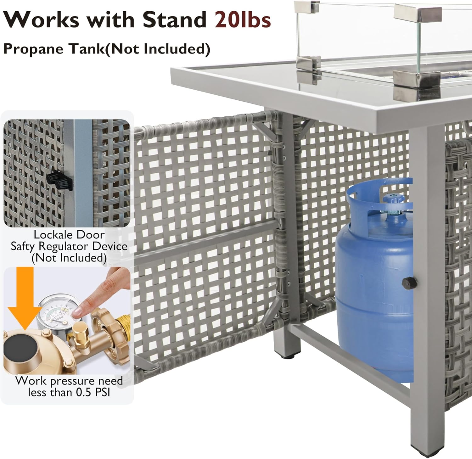 Propane Gas Fire Pit Table, 60000 BTU Rectangular Open Weave Wicker with Glass Wind Guard for Outside Patio Deck Garden Backyard(Grey)