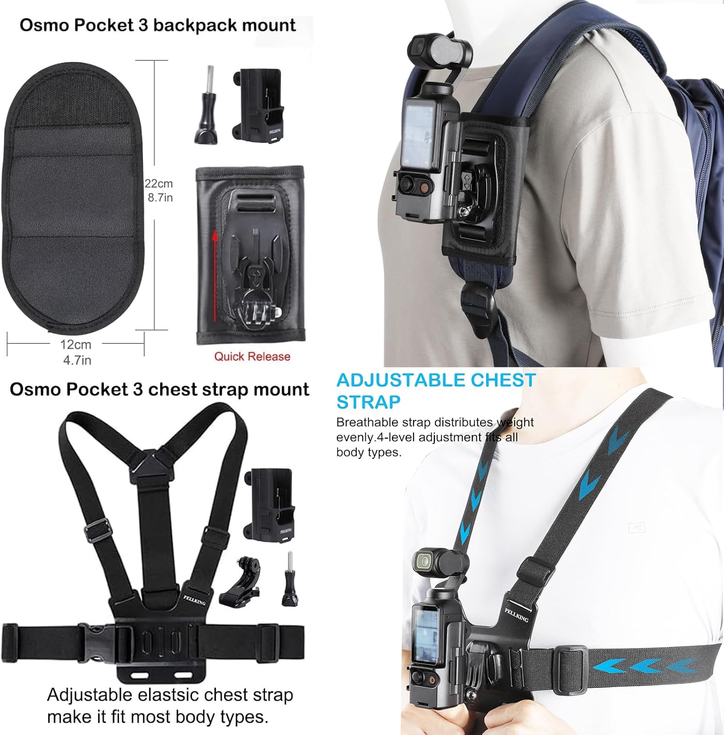 PellKing Accessories Kit for Osmo Pocket 3,Included Carrying Case,Magnetic Mount,Phone Monitor Holder,Selfie Stick,Mini Tripod,Desk Support Mount,Shoulder Strap,Chest Strap,Screen Protector,and Other
