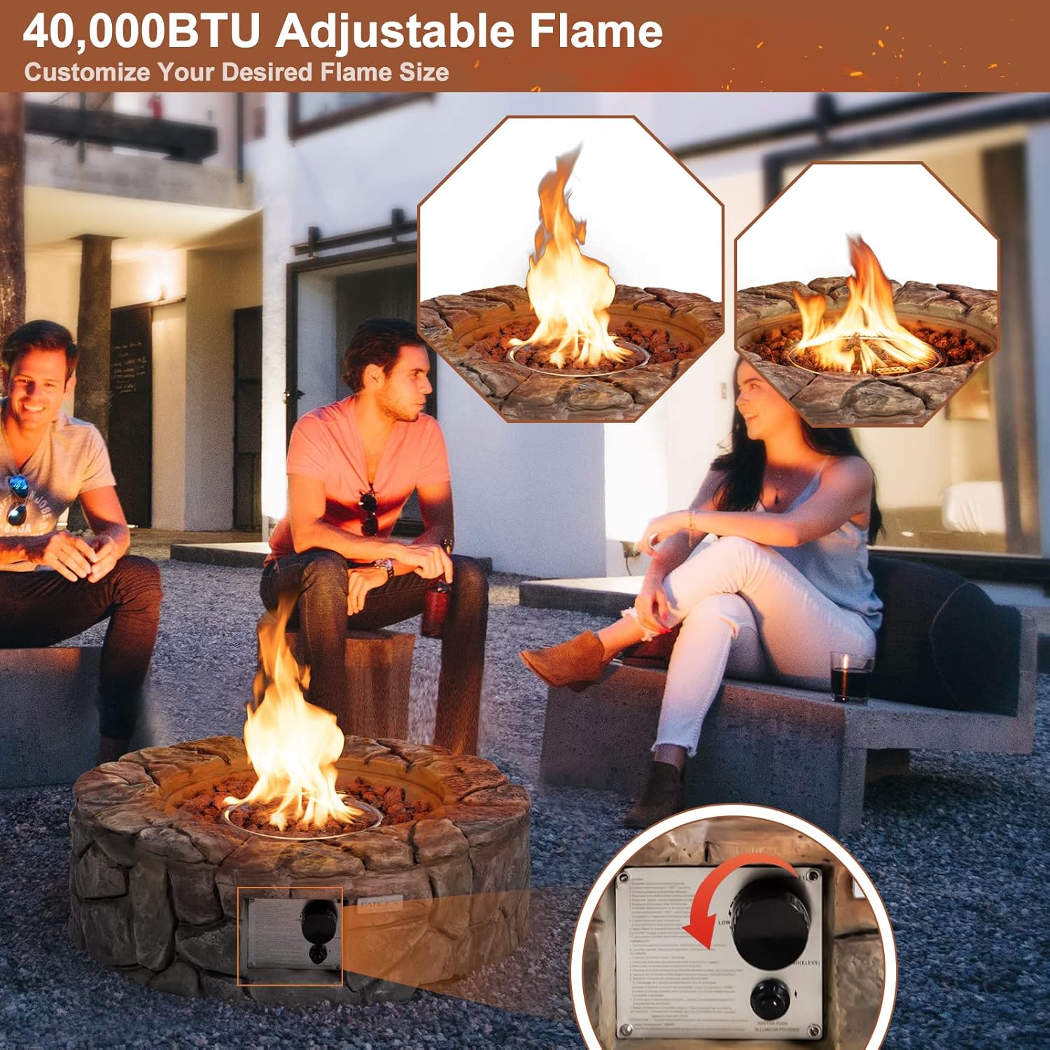 Tangkula 28 Inch Round Propane Gas Fire Pit, Patiojoy 40,000 BTU Stone Look Outdoor Propane Fire Pit with Lava Rocks & PVC Cover, Faux Stone Gas Fire Pit Table for Patio, Courtyard, Garden (Brown)