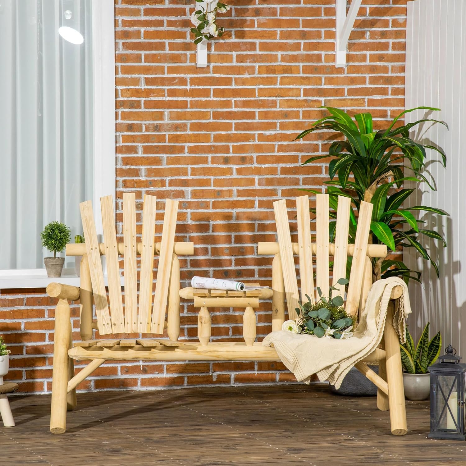 Wooden Chair with Table for Outdoor Spaces, 2 Patio Fire Pit Chair, Natural Backyard, Deck, Porch Table, Porch, Texture