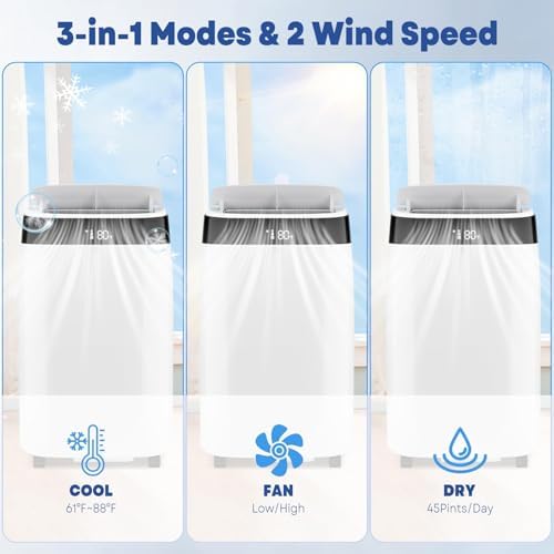 Portable Air Conditioner Fan 10,000 BTU,ac Portable Air Conditioner for Bedroom with Window Venting Kit, 3 In 1 Cooling Fans With Remote Control,450 Sq Ft Coverage,24H Timer for Home,RV, Dorms