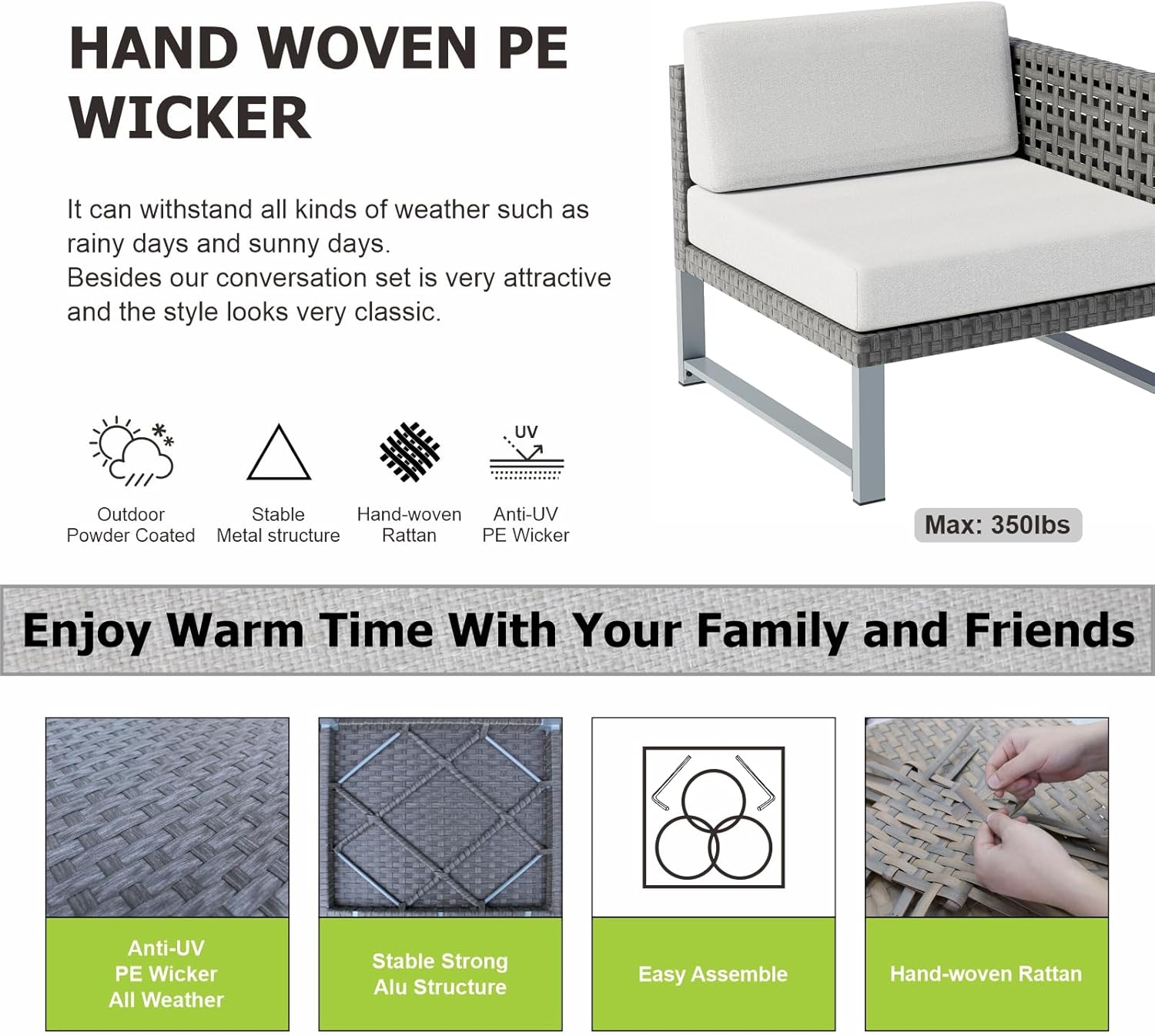 Patio Furniture Set 9Pcs Outdoor Furniture Sectional Couch Fire Pit Table Balcony Furniture Patio Table and Chairs Set with Propane Firepit (Black Wicker, 9pcs /Rectangular Fire Pit)