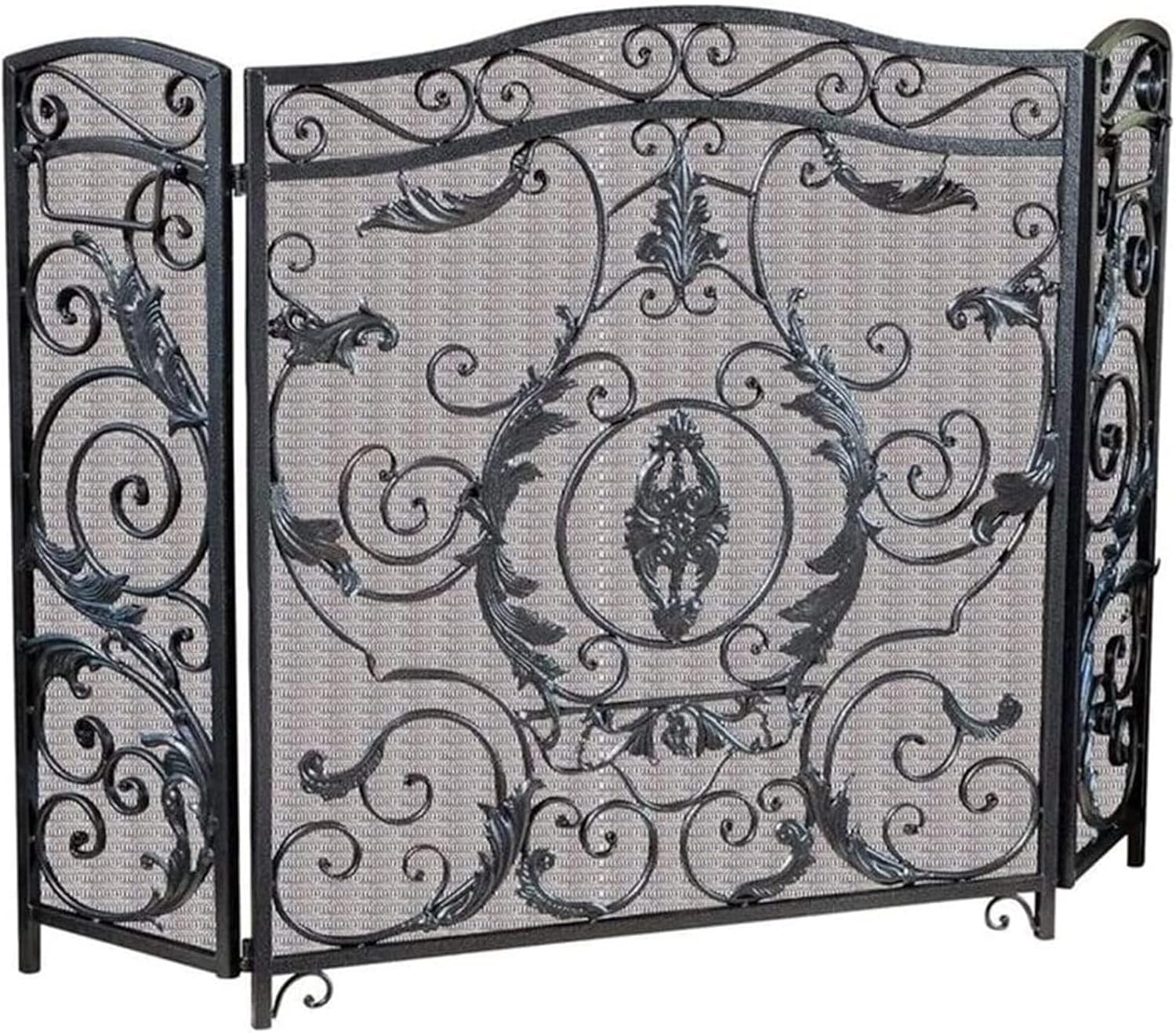 Large Black 3-Panel Screen Fire Guard for Stove & Fireplace - Decorative Mesh Safety Barrier with Elegant Scroll Design, Spark Protection for Home & Patio