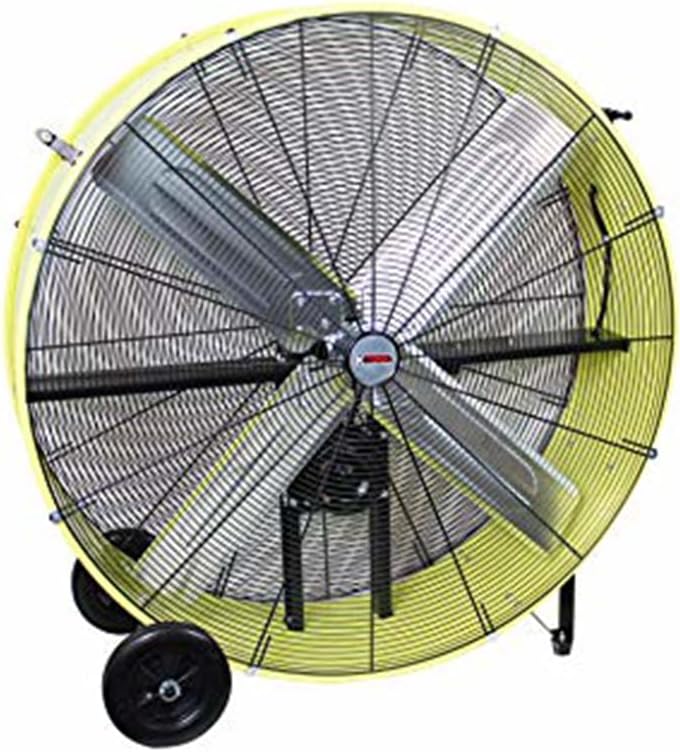 K Tool International 77743 42” Belt Drive Drum Fan with 8” Wheels, High-velocity, 2-Speed, Cut-off Protection, 14,800 Max CFM, cUL listed, Used in Warehouses, Shops, Greenhouses, Barns, Gyms, Yellow