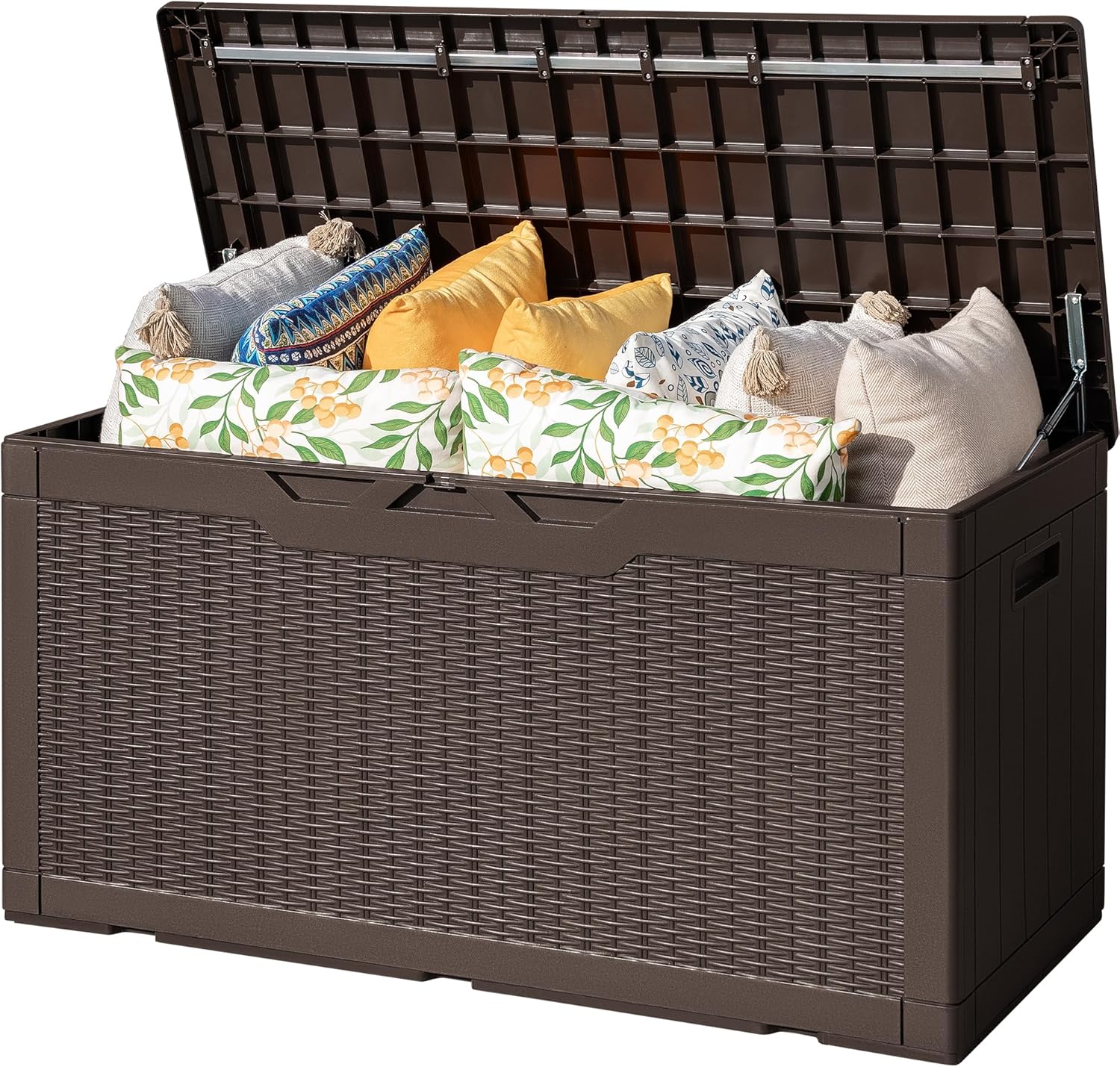 Flamaker Outdoor Storage Box 100 Gallon Waterproof Resin Deck Box Delivery with Air Rod Indoor Outdoor Lockable Storage Bench for Patio Cushions, Tools, Pool Accessories (Deep Brown)
