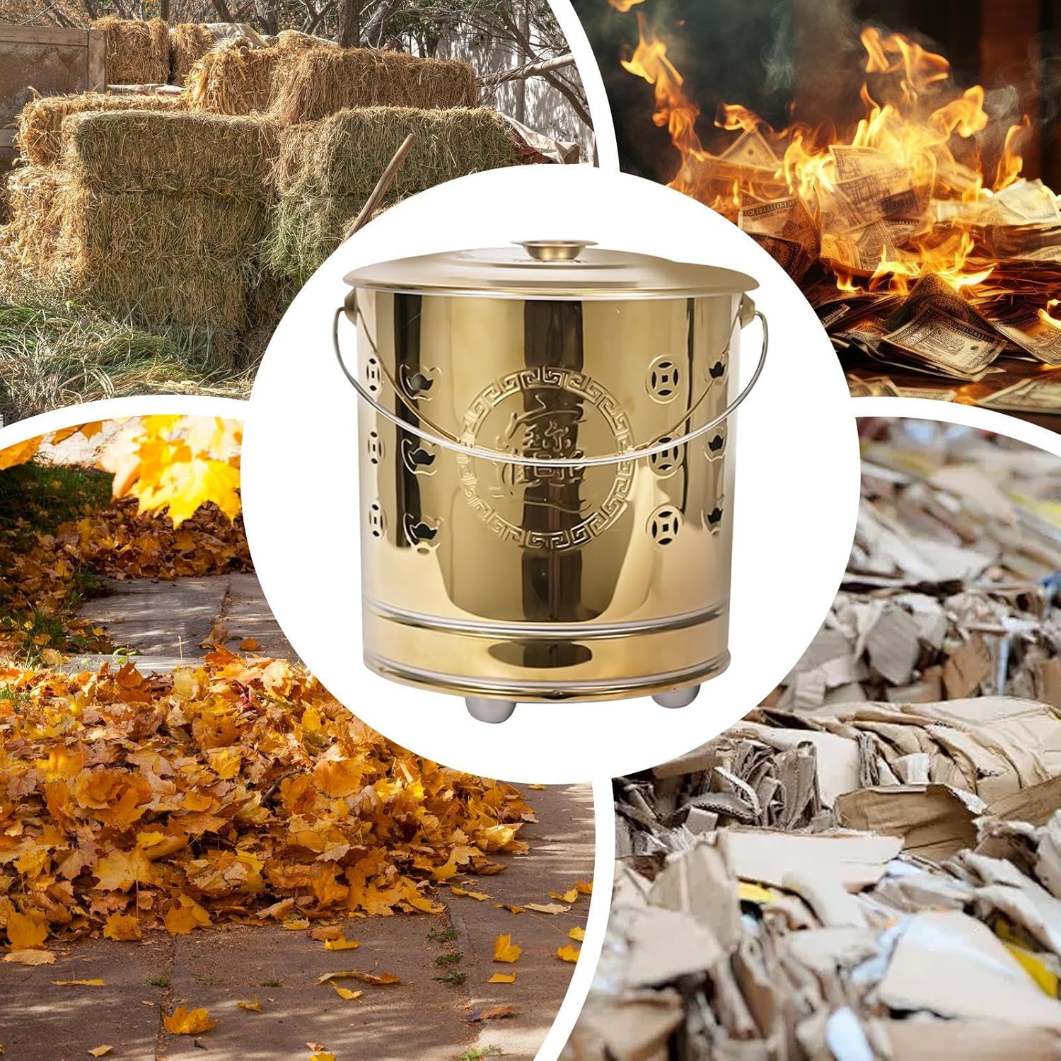 Burn Barrel, Burn Pit, Stainless Fire Bucket, Ventilated Metal Build with Cover Liner and Hook, Supports Controlled Burning for Yard Beach Balcony Tasks, Container for Wood Trash Garden Use