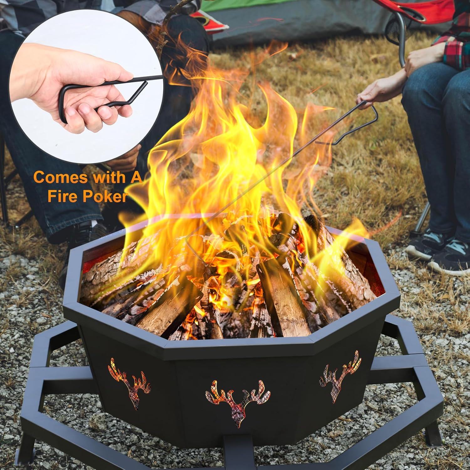 BOINN 35 Inch Octagonal Outdoor Fire Pit,Fire Pits for Outside Wood Burning Fire Pit,Firepit,Firepits for Outside,Camping,Backyard,Patio,Bonfire,Garden,Porch,Black