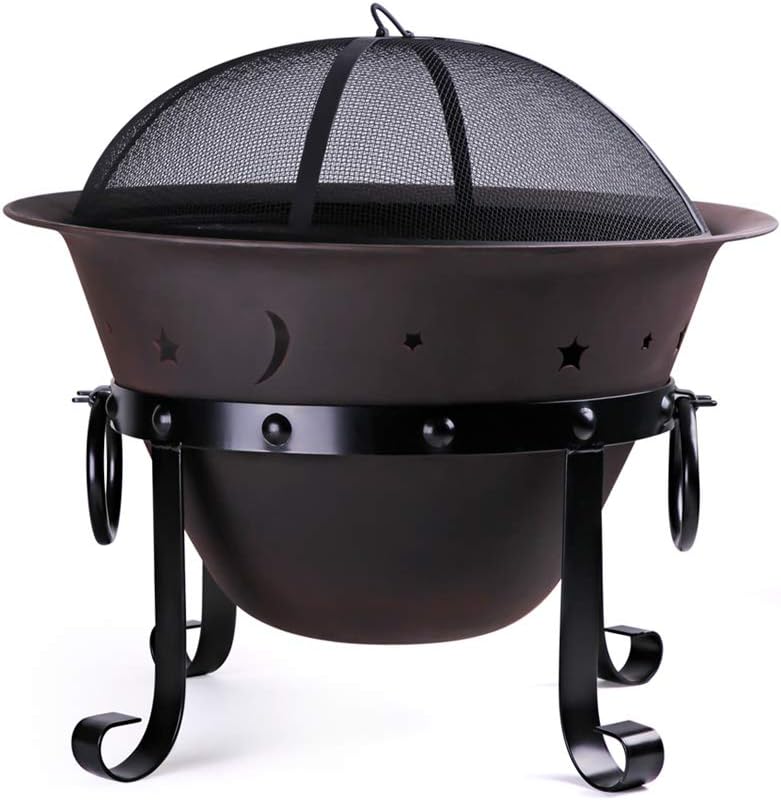 Cast Iron Fire Pits, Outdoor Round Wood Burning Fire Pit Bowl with Mesh Screen,Fireplace Poker,29 inch cast Iron Black