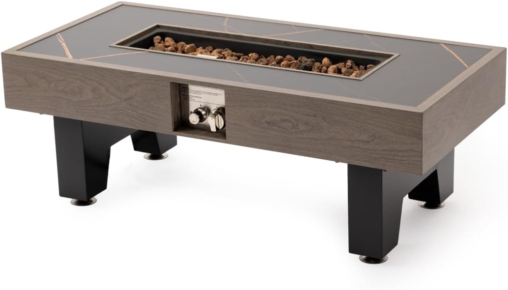 42-inch Iron Wood Burning Fire Pit Table, Outdoor Rectangular Fire Pit with Stone/Walnut Finish for Patio, Garden, Backyard - Grey
