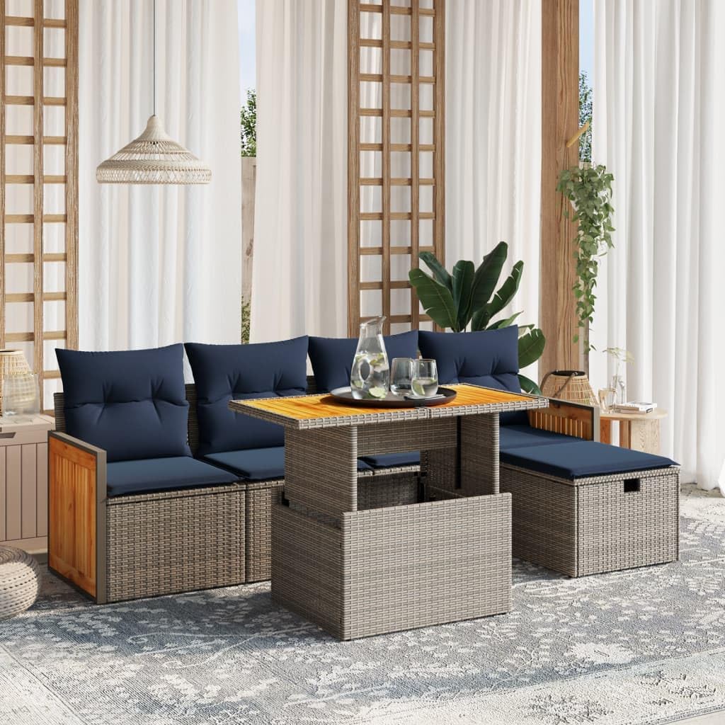 6 Piece Patio Sofa Set with Cushions, Gray Poly Rattan Outdoor Furniture, Adjustable Dining Table, Modular Design for Backyard, Balcony