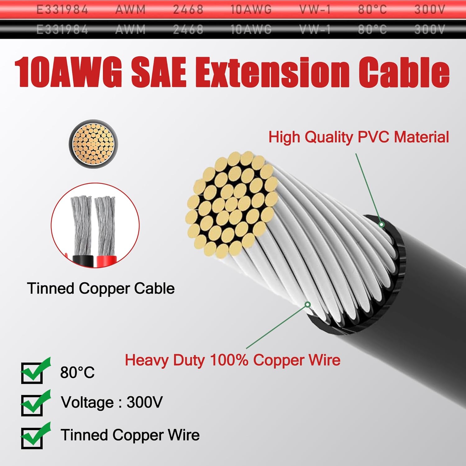 10AWG SAE Extension Cable - 3/6/12/25/50FT Adapter Wire for Solar Panel, Battery, Automotive, RV, Camp, Trailer, Tractor (50FT, Red+Black, MK-SAE1050)