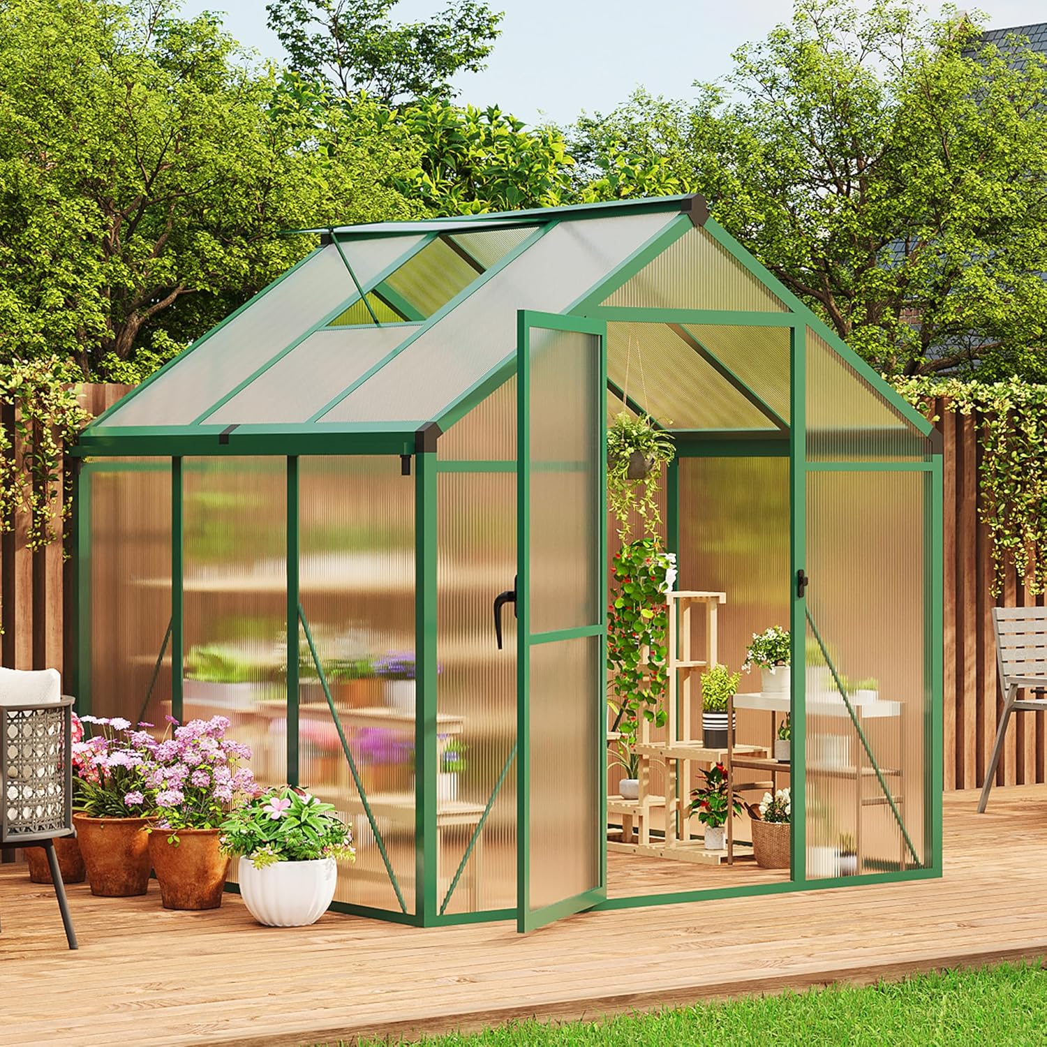 6×6 FT Greenhouse, Large Walk in Greenhouses for Outdoors and Garden Planting, Polycarbonate Greenhouse with Enhanced Aluminum Frame, Green Houses with Quick Setup Structure and Roof Vent, Green