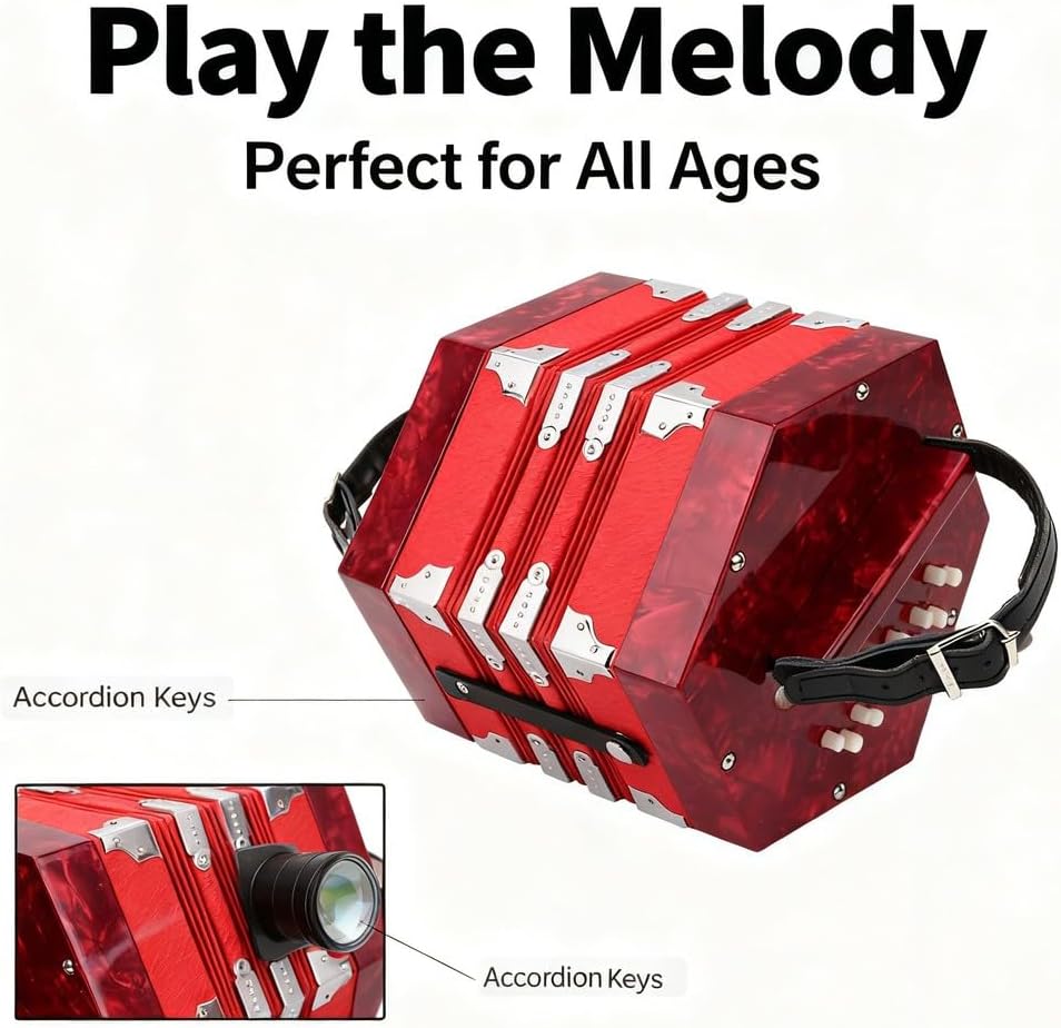 Concertina Accordion, Portable 17 Key Wooden Instrument, Adjustable Strap for Adults and Beginners - Elegant Design, Lightweight with Carry Bag, for Music (Red)