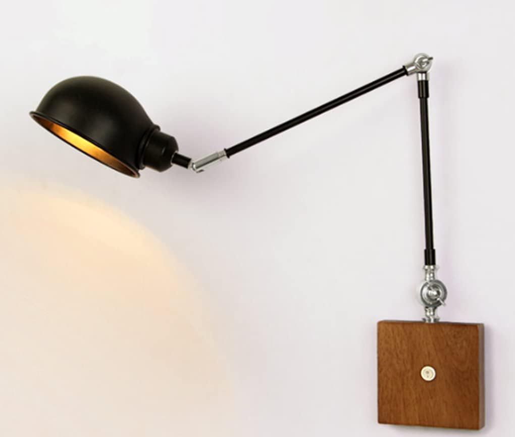 Wall Light Sconces Wall lamp Vintage Folding Metal Long Sleeve Reading lamp Industrial Wood Wall lamp with Switch Retro Wall to Study Bedroom Workspace Office Living Room Bedside lamp E27,Black