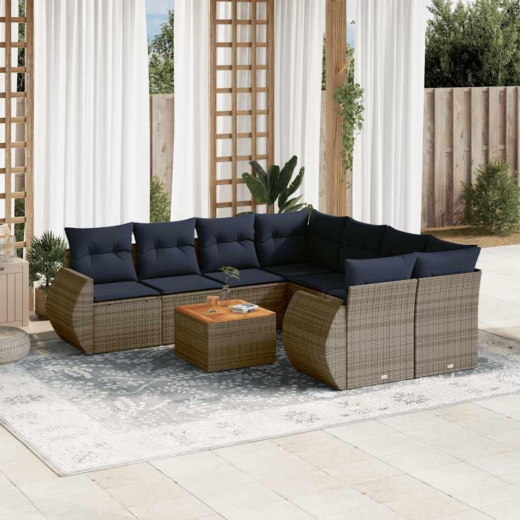 9 Piece Grey Poly Rattan Garden Sofa Set with Cushions, Acacia Wood Table, Modular Outdoor Patio Furniture for Backyard, Terrace
