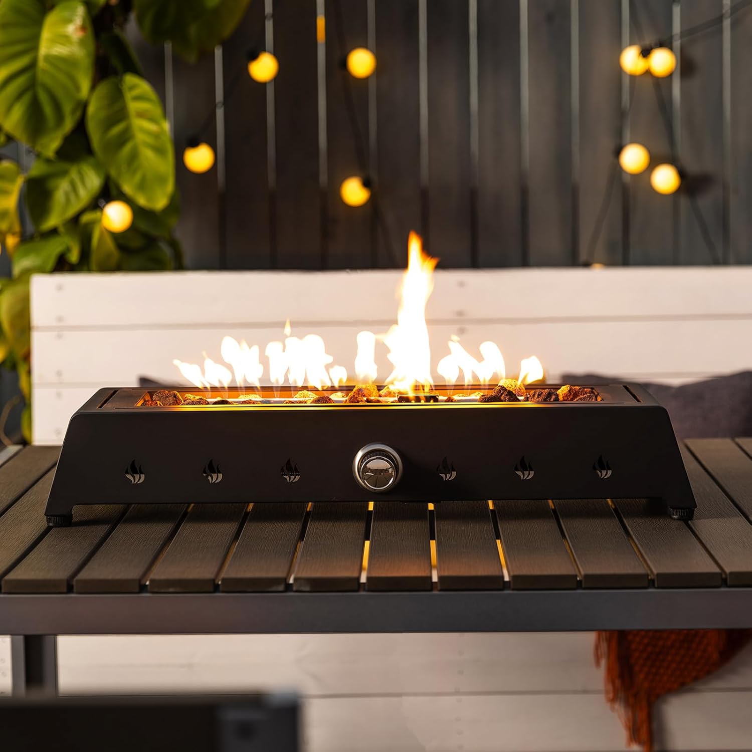 28'' Tabletop Propane Fire Pit Table with Bottom Air Intake and Umbrella Hole, 50,000 BTU Rectangular Steel Fire Pit for Outdoor Living Room Garden Balcony (Rectangular)