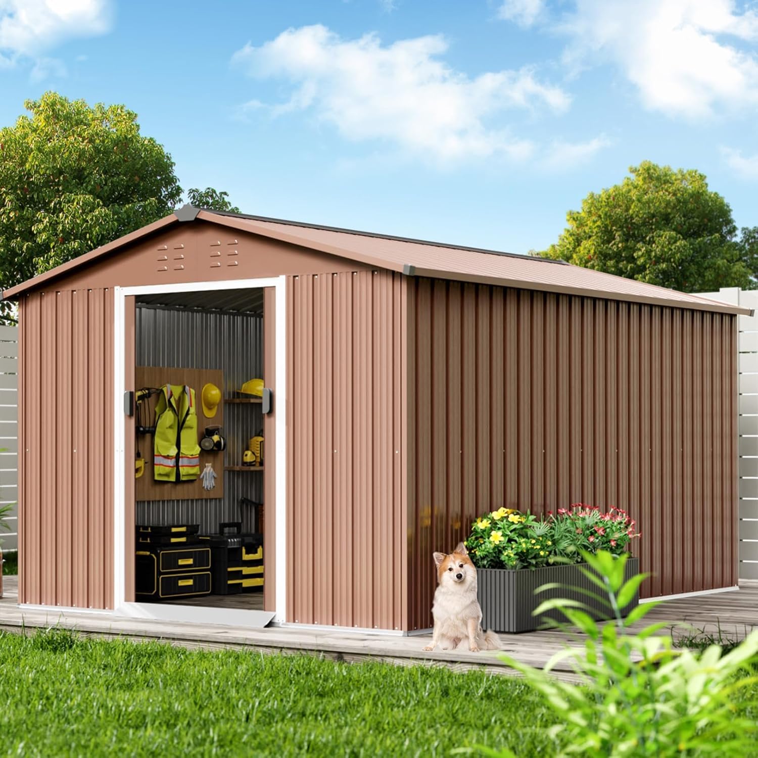 8X12 FT Large Metal Outdoor Storage Shed, Galvanized Steel Garden Tool Shed with Lockable Double Doors & Ventilation for Bicycles, Tools, Lawnmowers, Backyards, Patios, Lawns, Brown