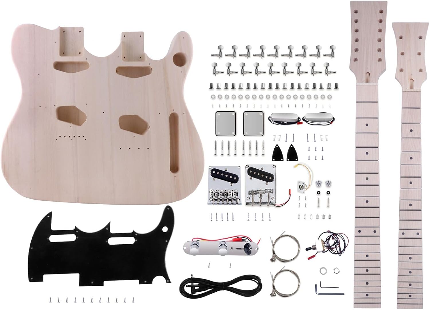 DIY Electric Guitar Kit Double Neck Guitar Kits Tele Style for Right Handed with Basswood Body Hard Maple Neck Maple Fretboard Chrome Hardware Build Your Own Guitar.