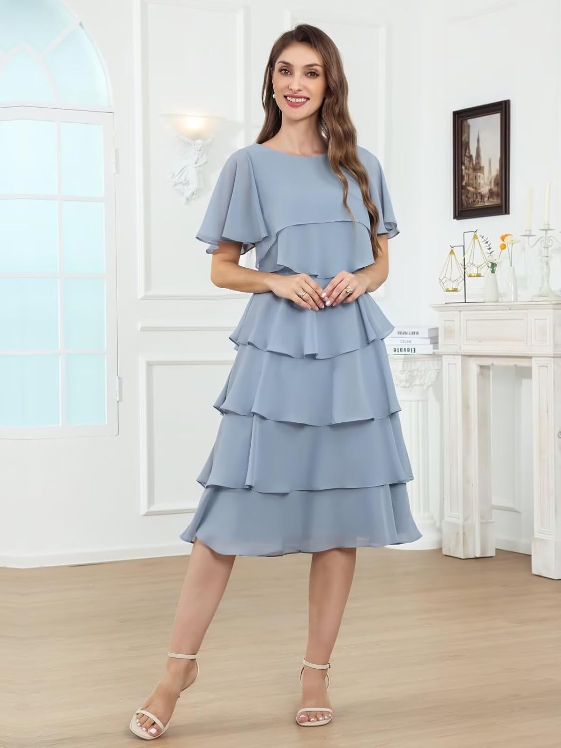 BANTRATIC Tea Length Mother of The Bride Dresses for Wedding Chiffon Women Crew Neck Tiered Formal Prom Cocktail Gown