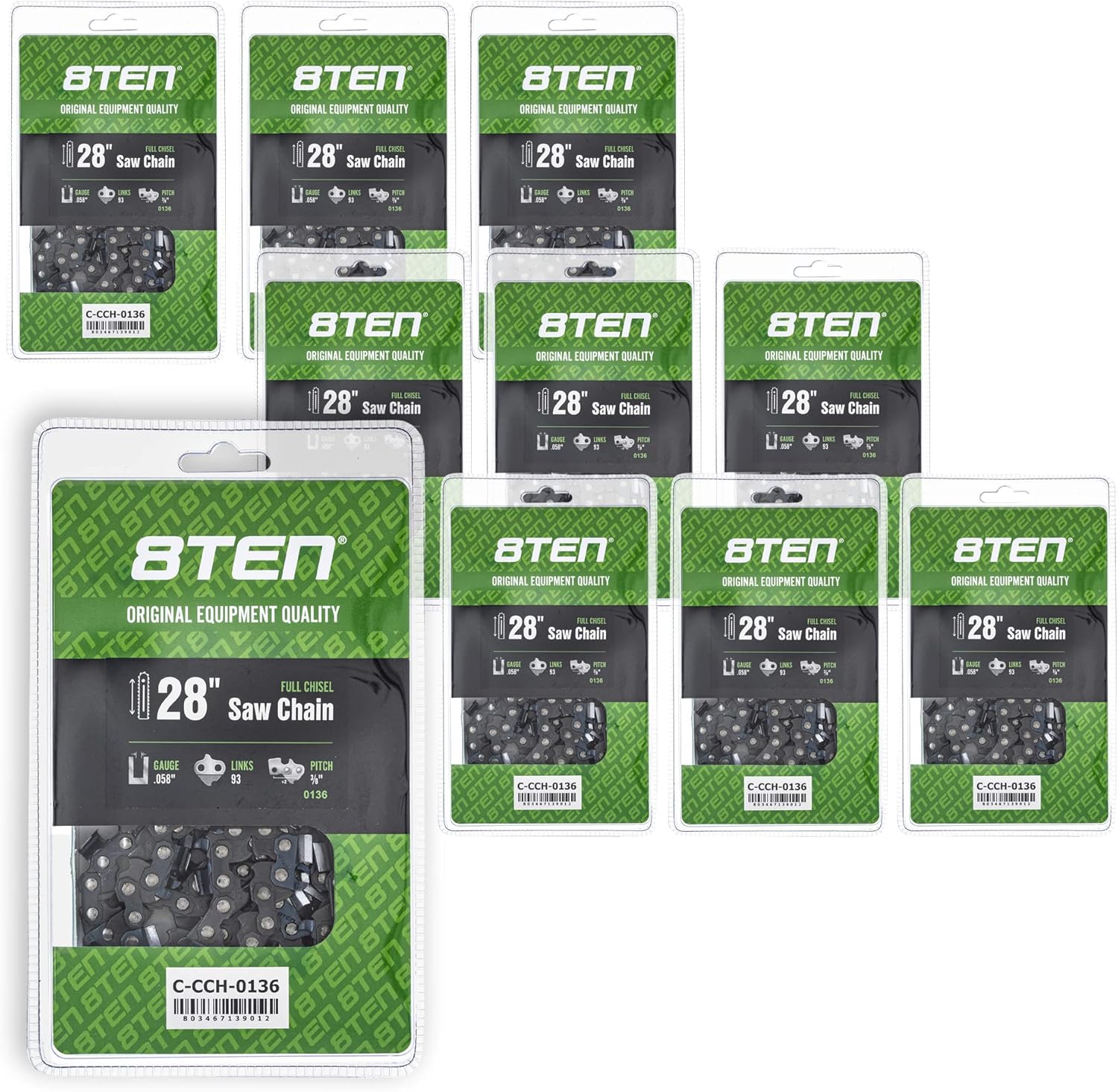 8TEN Full Chisel Chainsaw Chain 28 Inch .058 3/8 93DL For Husqvarna 262XP Poulan 475 Jonsered 2065 (10 Pack)