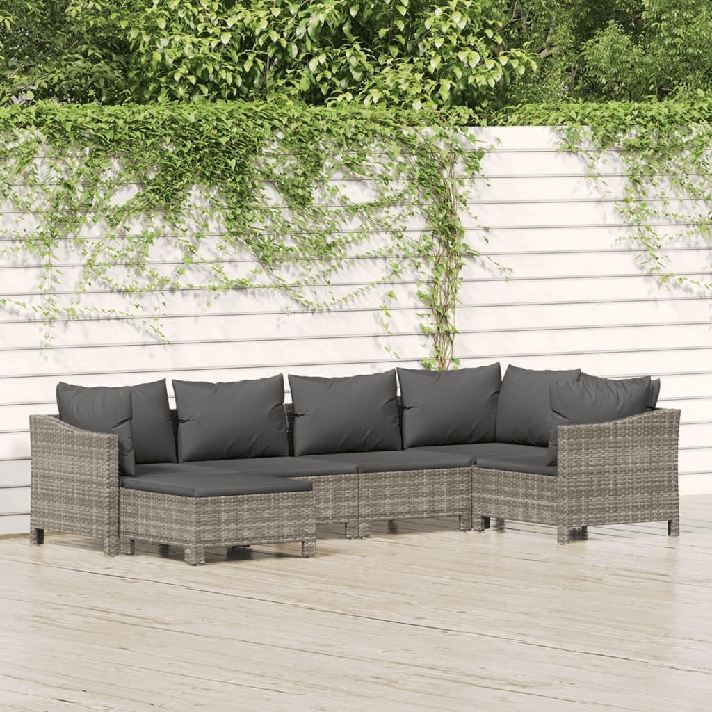 Patio Set 6 Piece Patio Lounge Set with Cushions Gray Poly Rattan