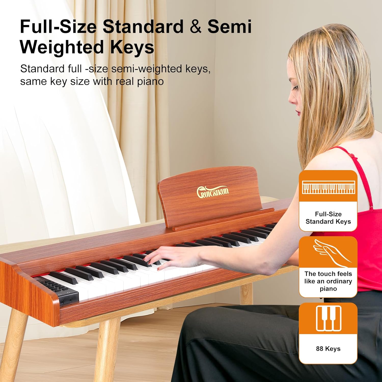 Keyboard Piano,88 Key Full-Size Standard Semi Weighted Keys Electric Piano Keyboard with Triple Pedal,128 Rhythms 380 Tones,2x20w Speakers Digital Piano for Home (Nut-brown)