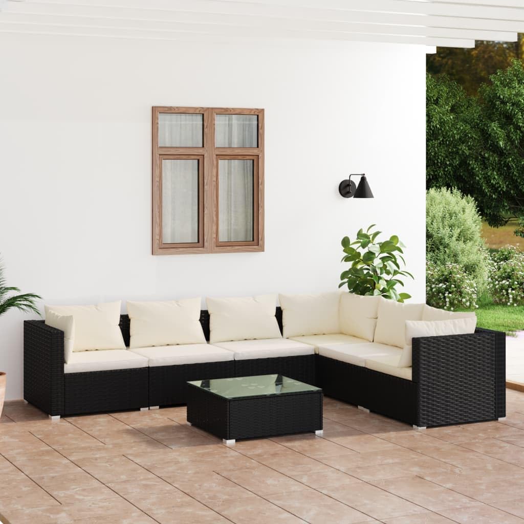 7 Piece Patio Lounge Set with Cushions Poly Rattan Black Garden Furniture