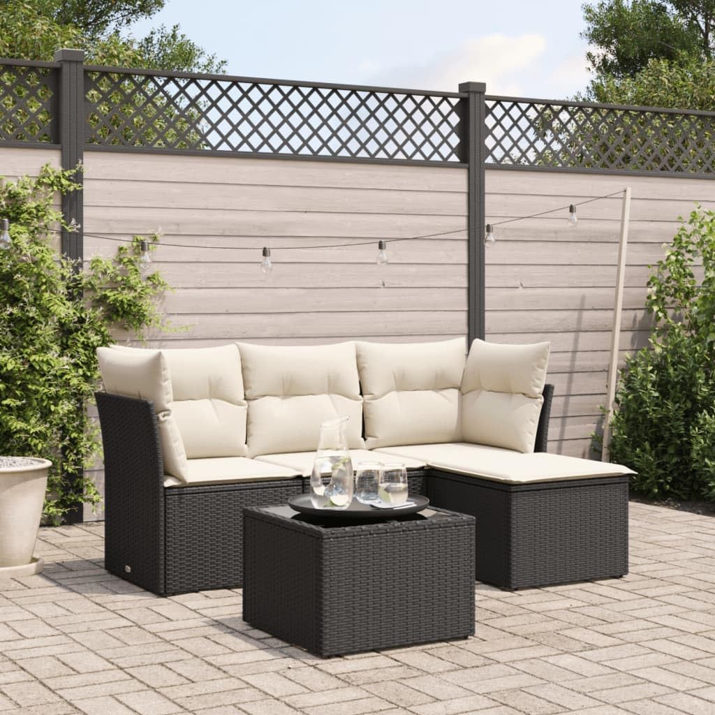 5 Piece Modular Garden Sofa Set, Black PE Rattan Powder-Coated Steel Frame, Tempered Glass Top, Outdoor Table and Chairs Patio Furniture
