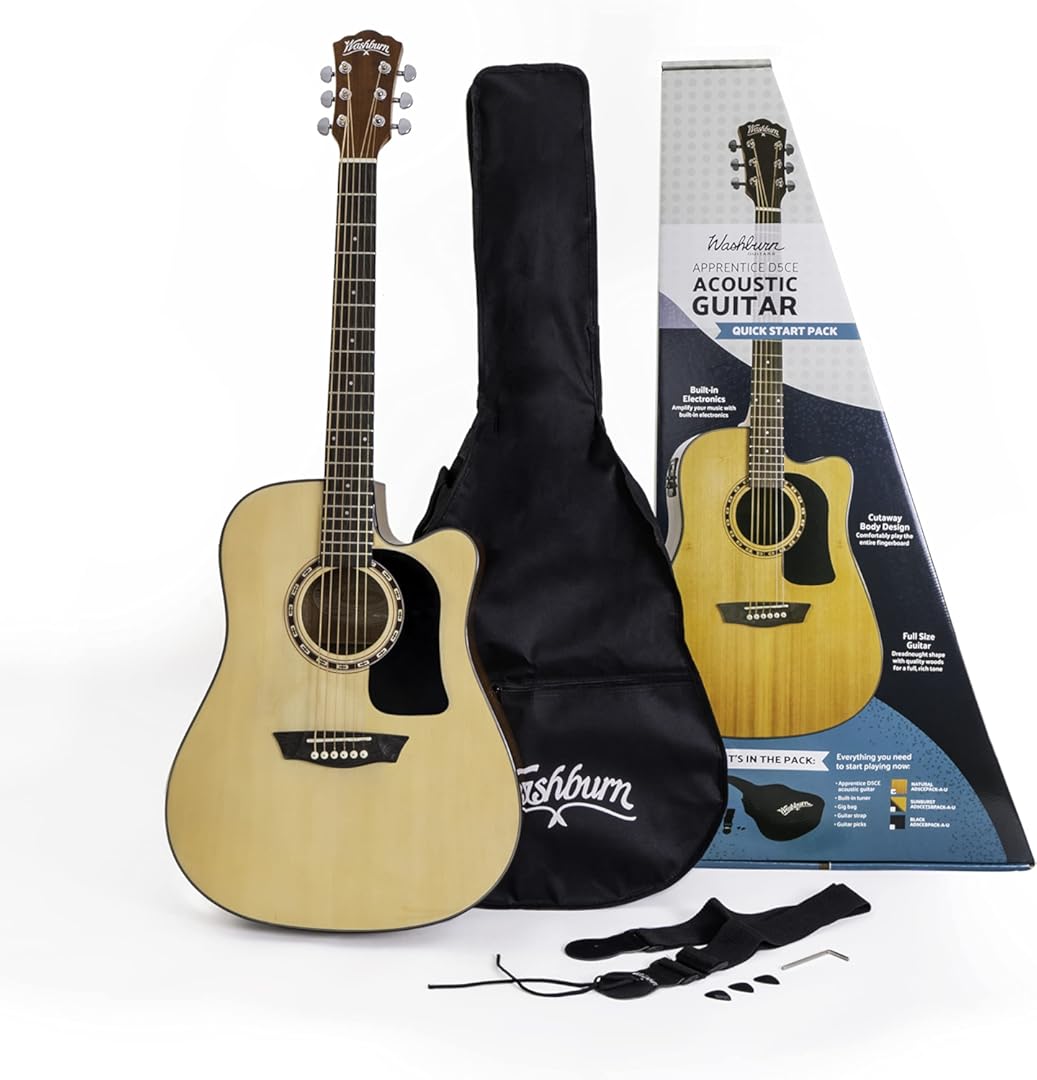 Washburn 6 String Acoustic Guitar Pack, Right, Natural (AD5CEPACK-A)