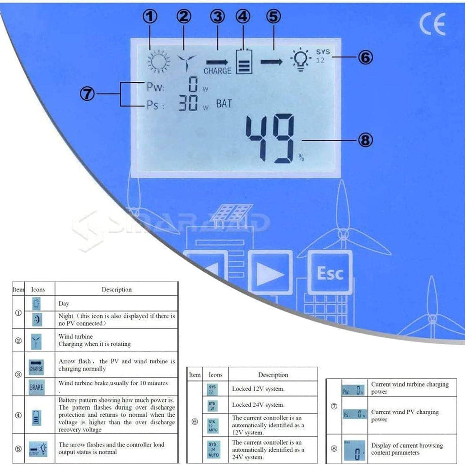 3000W MPPT Charge Boost Controller with LCD Display Energy Windmill with Vertical Axis, Wind Turbine Generator Hybrid Charge Controller