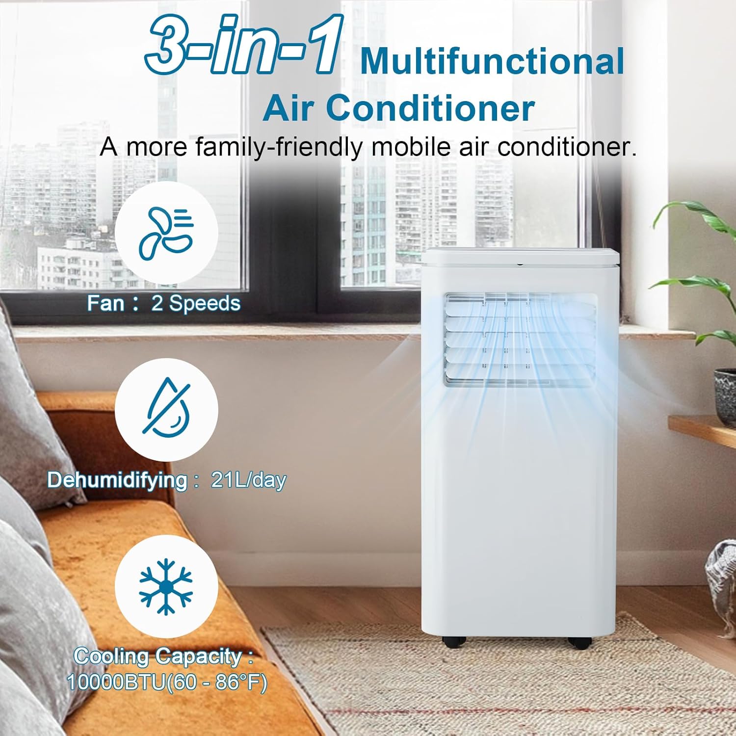 10,000 BTU Portable Air Conditioner,Cools Up to 450 Sq. Ft,Quiet Cooling AC Unit with Built-In Dehumidifier & Fan Modes, Remote, 24 Hour Timer, Installation Kit, White