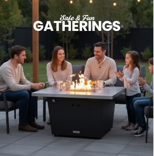 COOKE Palisades Rectangular Fire Pit Table - 52x36 - Chat Height - Natural Gas - Brushed Aluminum Top with 3cm Edge - Grey Texture Powdercoat Base