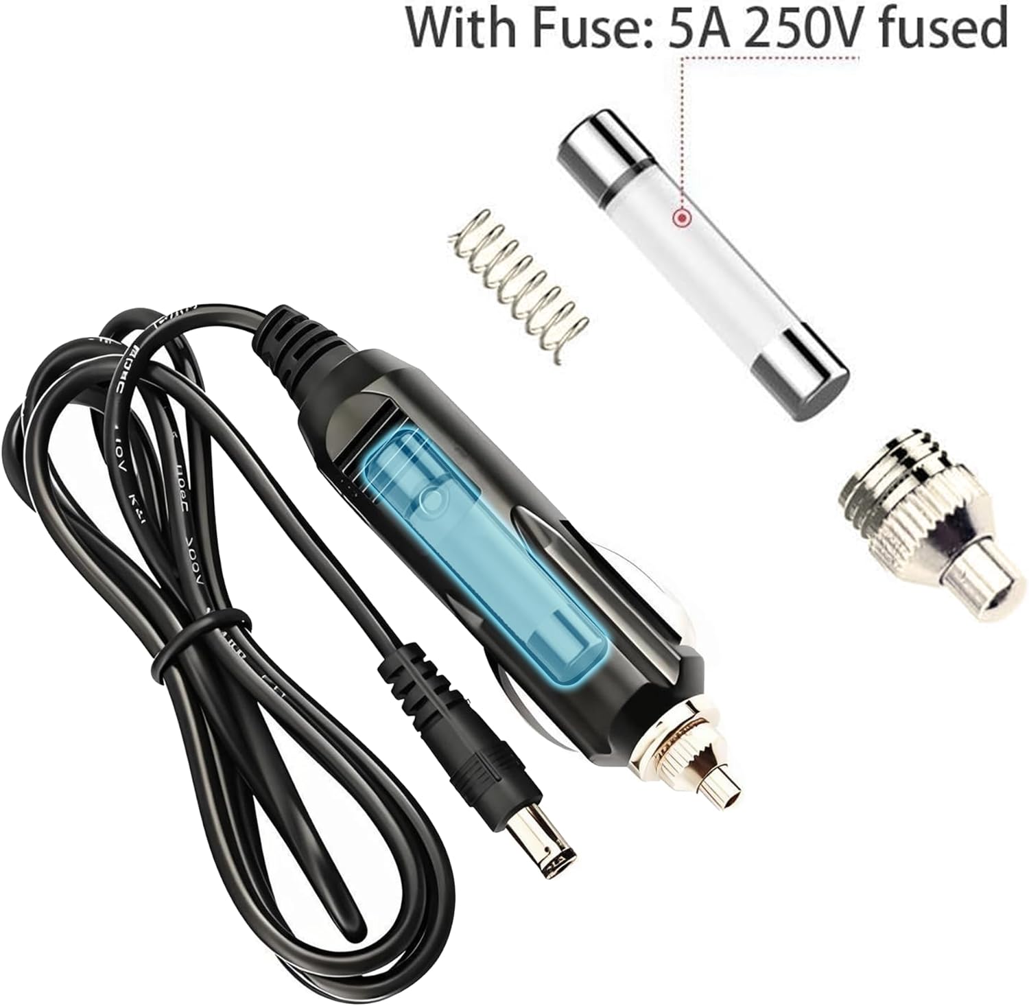 Portable Power Station DC Power Cable, 5.5mm x 2.1mm DC5521 to 12V/24V Cigarette Lighter Plug, 18AWG Charger Adapter with Fuse (5A 250V), for Solar Generator, 1.5m / 4.9ft