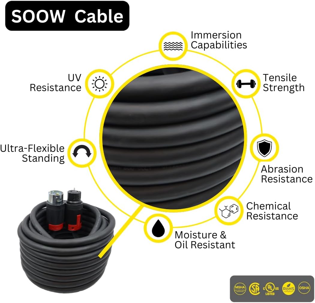 Spider Box Twist-Lock Generator Power Extension Cord, 50 Amp, 125/250V, SOOW Cable Type, Gauge 6/4, Professional-Grade Outdoor California Standard locking extensions, 100' Long, Black