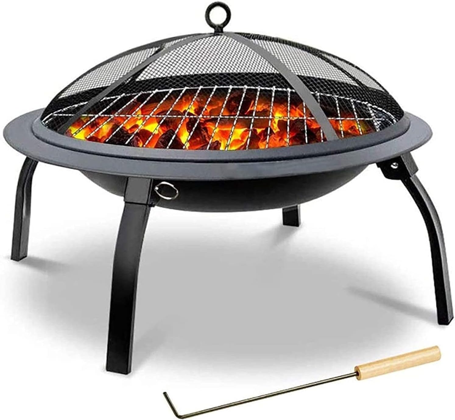 Outdoor Fire Pits BBQ Grill, Heavy Duty Steel Folding Fire Bowl with Grill & Cover & Poker, Camping Fire Pit, BBQ Brazier Wood Charcoal Patio Heater