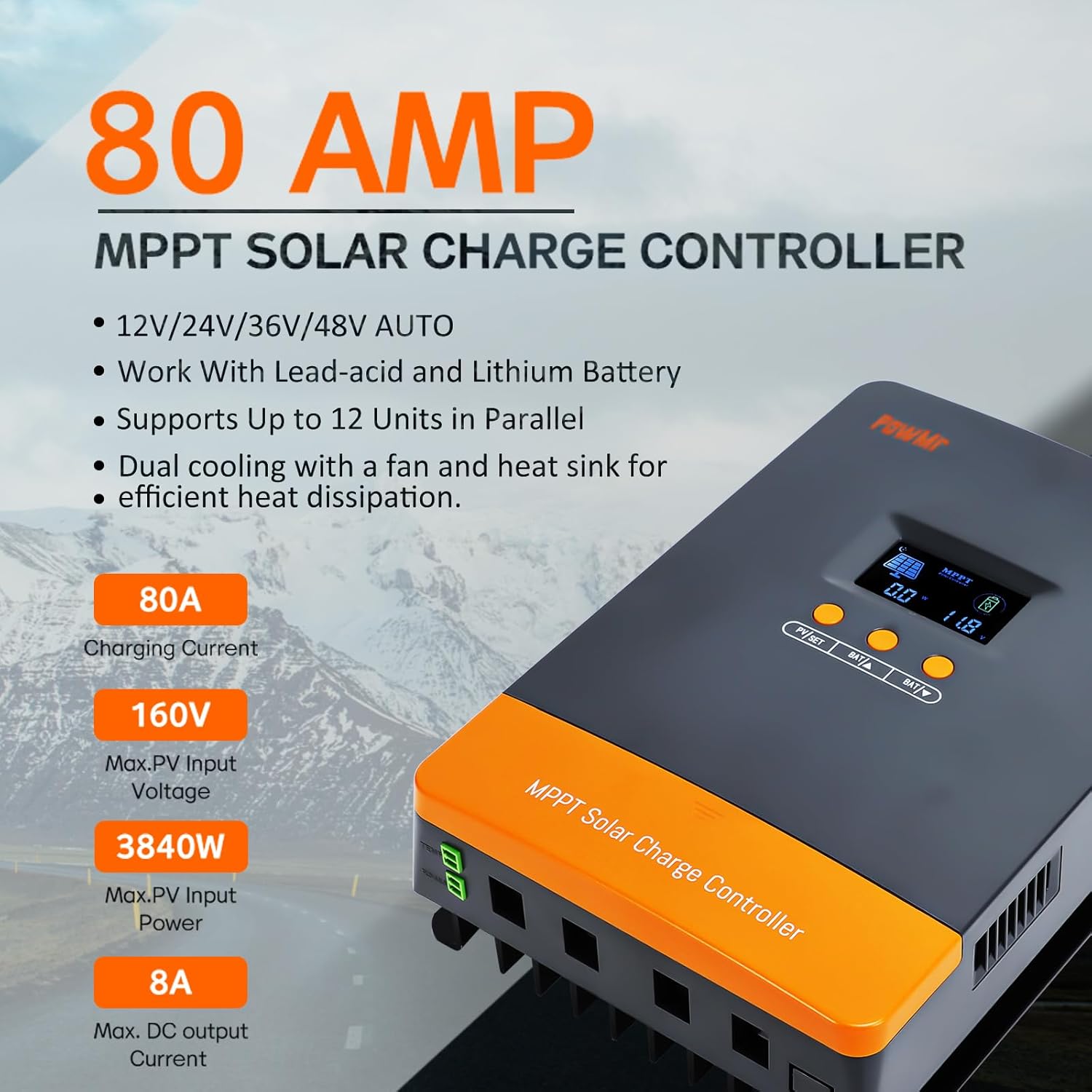 Temank MPPT 80A Solar Charge Controller 12V/24V/48V Auto Max.PV Input 150V, Support up to 12 Parallel Connection & 50 Feet Solar Cable