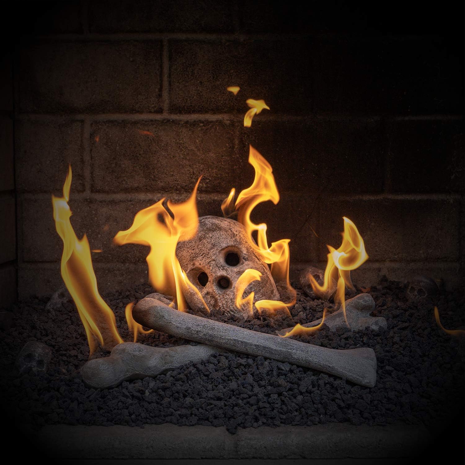 Ceramic Fireproof Skull Bundle for Indoor/Outdoor Fire Pits & Fireplaces | Full Size & 6 Mini Skulls | Natural Gray