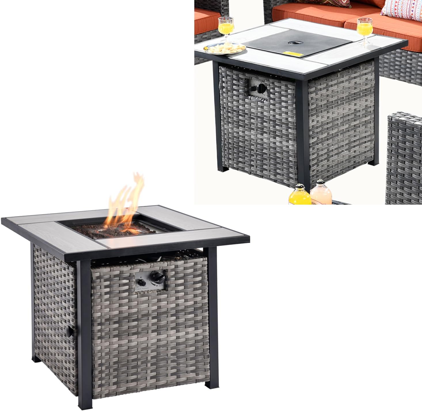 HOOOWOOO Square Outdoor Fire Table 50,000 Patio Fire Pit Table Propane Outside Firepit for Matching Gray Wicker Outdoor Furniture Set