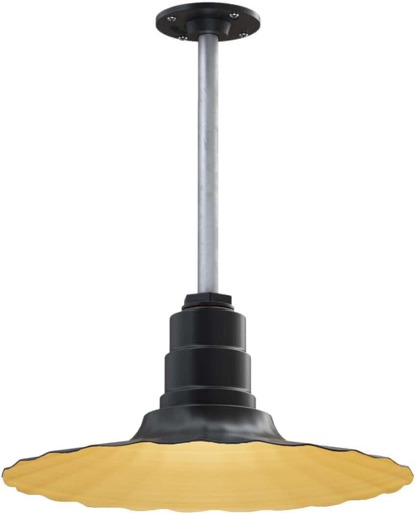 Steel Lighting Co. Eagle Rock Pendant | Ceiling Mounted Light | 16 inch Radial Wave | 12 inch Stem | Heavy Duty Steel Retro Farmhouse Style Made in America | Matte Black Exterior/Brass Interior